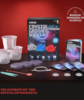 Glow In The Dark Crystal Growing Kit For Kids Ages Eight To Twelve With LED Light Up Display Grow Red Blue And Clear Crystals And See Them Glow A Totally Hands On STEM Toy Gift For Boys And Girls. Kit contents on table