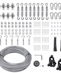 Shade Sail Hardware Kit With One Eighth Inch Wire Rope Measuring 131 Feet For Triangle And Rectangle Sun Shade Sails Outdoor Install Includes Turnbuckles Cables Hooks Clamps Thimbles All In One 243 Pieces Ready To Go showing full set with wire, hooks, and turnbuckles.