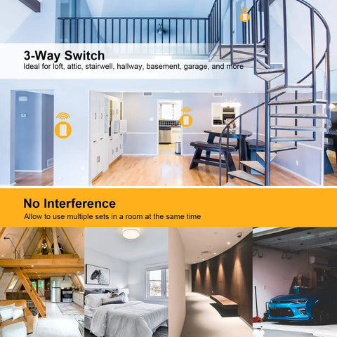 3 Way Wireless Light Switch Kit No Wiring No WiFi Easy Install Expandable Receiver Remote For Lamps Ceiling Lights And Fans 100ft RF Range Pre Programmed Works With Existing Lighting Simple Setup shown in various home settings.