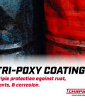 Close-up of Tri-Poxy coating highlighting rust, dent, and corrosion protection, related to Pro Grade 3.5 Gallon Tri Poxy Open Head Sprayer.