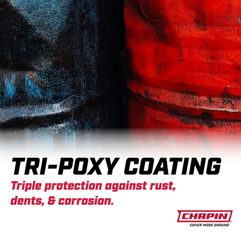 Close-up of Tri-Poxy coating highlighting rust, dent, and corrosion protection, related to Pro Grade 3.5 Gallon Tri Poxy Open Head Sprayer.