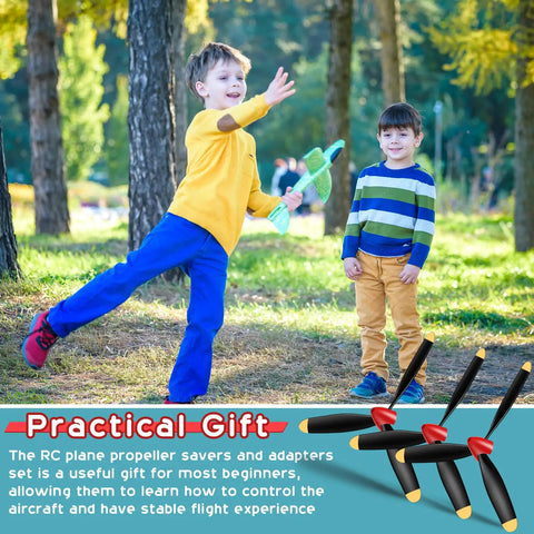 Children playing with RC plane alongside Three Sets Spare RC Plane Propellers 3 Blade Propellers For P40 Fighter RC Plane 76113 Includes Propeller Savers And Adapters Plus Carbon Fiber Nose Cone For Durable Smooth Flights.