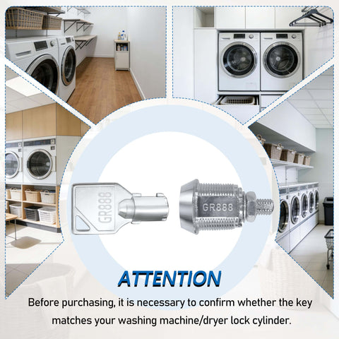 Set Of Five Replacement Keys For Speed Queen Coin Laundry Machines GR777 GR800 GR888 GR100 GR999 For Commercial Washers And Dryers Great For Coin Operated Units And Maintenance image showing GR888 close-up and laundromat.