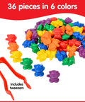 Set Of Sixty Mini Bear Counters Packed In A Sturdy Jar With Tweezers And An Activity Guide For Big Time Sorting Practice And Kid Approved Early Learning Adventures featuring colorful bear counters and tweezers.