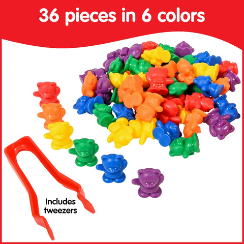 Set Of Sixty Mini Bear Counters Packed In A Sturdy Jar With Tweezers And An Activity Guide For Big Time Sorting Practice And Kid Approved Early Learning Adventures featuring colorful bear counters and tweezers.