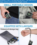 Tiny But Mighty Shortwave Radio With 7 Backlight Colors, shown in a pocket, storage bag, and with a lanyard, portable design.