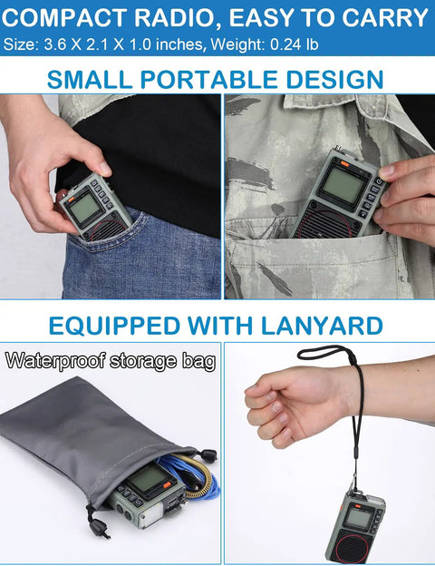 Tiny But Mighty Shortwave Radio With 7 Backlight Colors, shown in a pocket, storage bag, and with a lanyard, portable design.