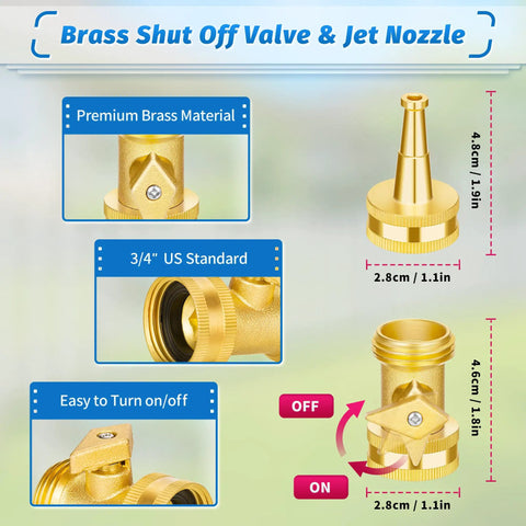 Heavy Duty Brass Hose Nozzle Set With Shutoff Valves And Jet Nozzles, High Pressure Water Sprayer For Garden And Car Wash, Three Quarter Inch GHT