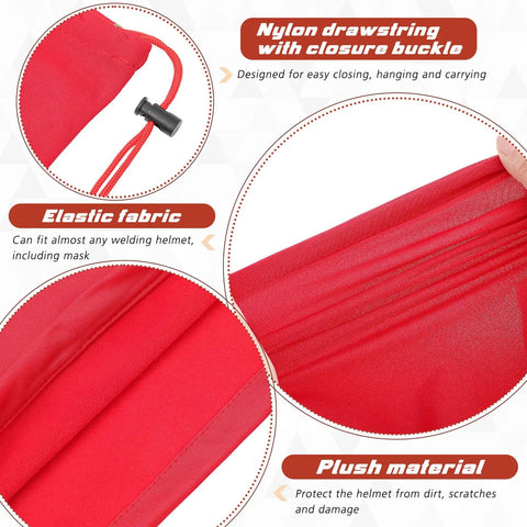Close-up of features on 4 Pack Welding Helmet Bags With Drawstring Locking, Lightweight Microfiber Helmet Storage, Red.