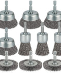 10-piece drill wire brush set with cup, wheel, and disc brushes; coarse carbon steel, 1/4 in hex shank.