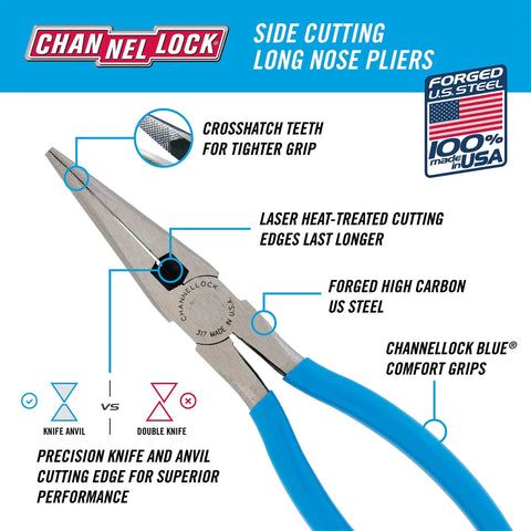 8 Inch Long Nose Pliers With Side Cutter And Knife And Anvil Needle Nose Pliers With Crosshatch Jaw Forged From High Carbon Steel, Blue