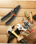 Slick Electrical Wire Stripper And Cable Cutter Pliers With Quick Grip Handles For Awg Cords on wooden surface with tools.