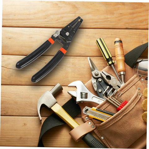 Slick Electrical Wire Stripper And Cable Cutter Pliers With Quick Grip Handles For Awg Cords on wooden surface with tools.