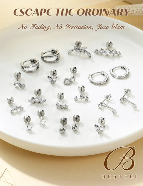Hypoallergenic Flat Back Stud Earrings Set For Women All In One 14K Gold Plated Surgical Steel Silver Finish Includes 6 Stud Pairs