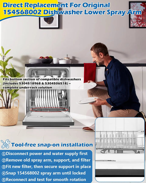 Man installing Dishwasher Lower Spray Arm Replacement Kit With Built In Support And Filter Easy Install Includes 5304518968 Support And 5304506518 Filter into a dishwasher