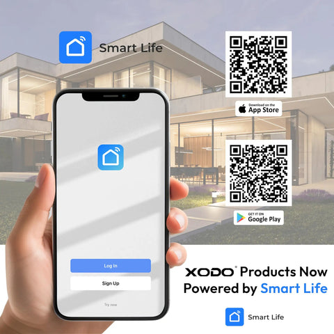 Smart Life app login screen displayed on smartphone in front of modern house, QR codes for downloading app visible