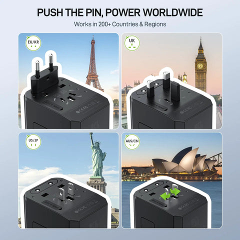 GaN 45W Universal Travel Adapter With PD and QC Fast Charging showing plug types for EU UK US AU regions