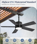 42 Inch Outdoor Ceiling Fan With Light And Remote, IP65 Waterproof Outdoor Hanging Fan in rain, black, under pergola