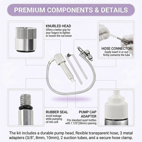 Premium components of Upgrade Your Boat Routine With This High-Flow Lower Unit Gear Oil Pump For Marine Motors showing knurled head, hose connector, and rubber seal.