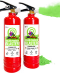 Next Level Party Color Blasters Fire Extinguisher Style Powder Cannon For Gender Reveals And Holi Bash Squeeze Handle Trigger With Viral Smoke Bomb Effect Two Pack Of Neon Green Blast showing two red cannons with green powder in action.