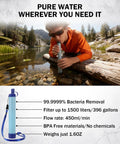 Person using water filter from Ultra Durable 258 Piece Outdoor Survival Gear Kit With Water Filter Emergency Tent Led Lantern First Aid Supplies 25L Backpack For Camping Hiking And Family Prep.