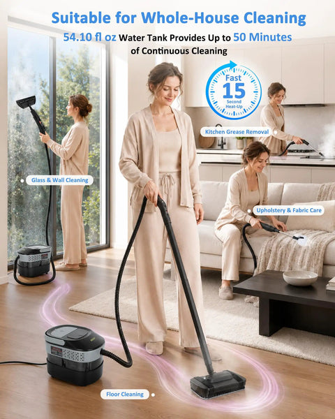 Ditch the hassle of buying two gadgets! This 2-In-1 Steam Cleaner Boasts Detachable Handheld And Mop Functionality For Fast 15 Second Heat Up. Enjoy Deep Cleaning Power With A Huge 1600ml Tank, Making It The Ultimate All-In-One Solution You Need Right. Gray steam cleaner in action with a 54.10 fl oz tank, cleaning floors and upholstery.