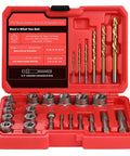 Spiral Screw Extractor Set 30-Piece Kit With Left Hand Cobalt Drill Bits And Nut Removers in open red storage case