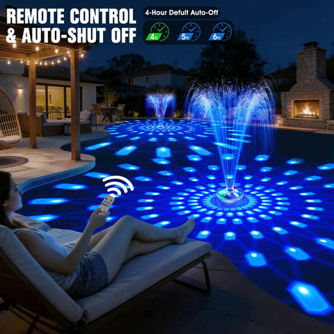 Floating LED Pool Fountain With Remote And 8000mAh Battery illuminating pool with 4.3Ft spray at night