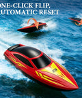 Remote Control RC Boat For Kids With 7 LED Modes 60 Minutes Play Time 15 KPH Speed Boat in action, showing flip feature on water.