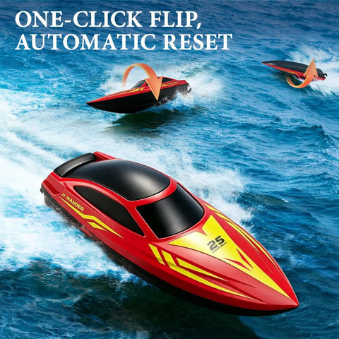 Remote Control RC Boat For Kids With 7 LED Modes 60 Minutes Play Time 15 KPH Speed Boat in action, showing flip feature on water.