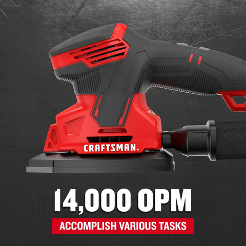 Corded Mouse Detail Sander For Woodworking With 14,000 OPM Includes Two Attachments Sandpaper Sheets And Dust Bag Ergonomic Rubber Grip Versatrack Compatible Pro Grade Finish Ready shown in close-up side view.