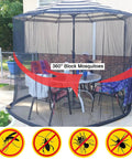 Universal Canopy Mosquito Net With Zipper Door And Adjustable Rope For Outdoor Umbrellas And Patio Tables in use on patio.