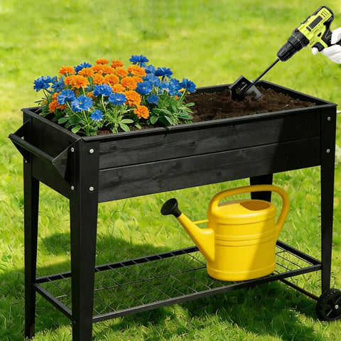 4-in-1 Soil Cultivator and Drill Tiller Attachment for Planter Boxes and Raised Beds used in black raised garden bed