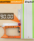 Heavy Duty Track Saw Square Delivering Dead On 90 Degree Guide Rail Alignment Quick Lock Mechanism Extra Thick Anodized Aluminum Body with digital display at 90 degrees.