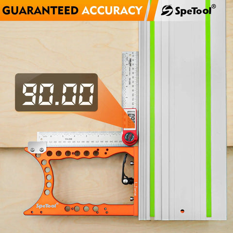 Heavy Duty Track Saw Square Delivering Dead On 90 Degree Guide Rail Alignment Quick Lock Mechanism Extra Thick Anodized Aluminum Body with digital display at 90 degrees.