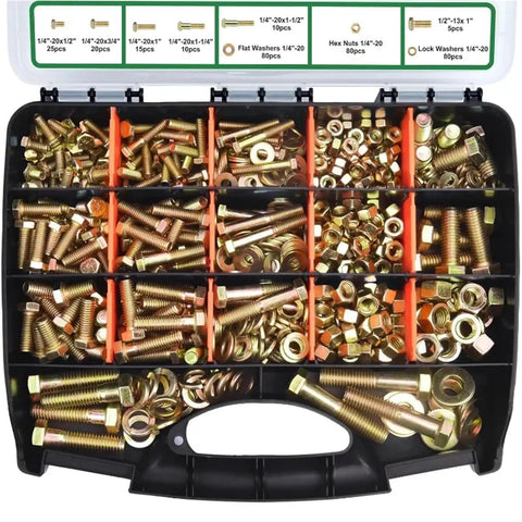 Heavy Duty Hex Bolt Kit With 772 Pieces SAE Coarse Thread Alloy Steel Nuts And Washers Gold Finish For Auto Repairs Machinery And DIY Projects In A Durable Storage Case, open organizer
