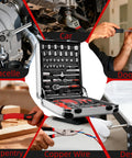All In One 515 Piece Aluminum Trolley Tool Set On Wheels With Four Drawers Portable Toolbox For Home Car Garage Maintenance And Auto Repair Equipped With Wrenches Pliers Sockets Hammer Tape Measure And More displayed with various tools and tasks.