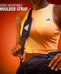 Person wearing Defender 5 Duffel Bag Built For Sports, Gym And Travel with padded adjustable shoulder strap