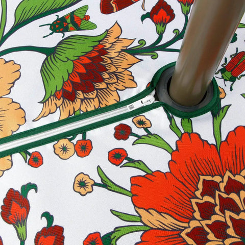 Close-up of 60 Inch Round Waterproof Tablecloth With Umbrella Hole And Zipper, floral design, showing spillproof patio cover.