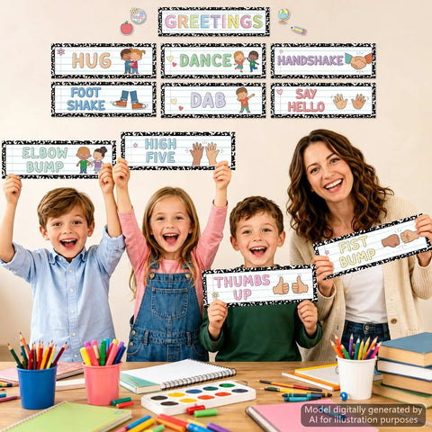 Children and teacher holding 15 Piece Classroom Rules Posters And Greeting Cards Set For Back To School Decor Composition Notebook And Bulletin Board Decorations Office Wall Art Easy Teacher Supplies