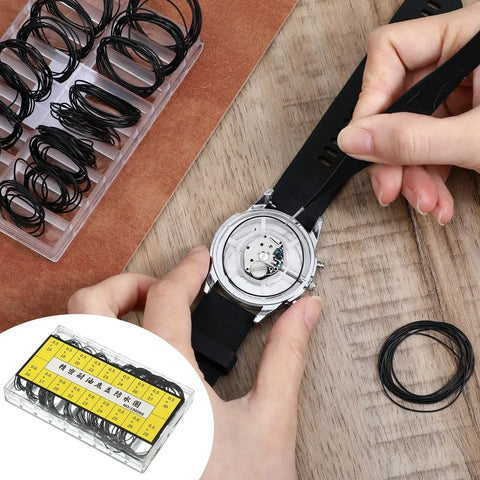 Person using 200 Pcs Watch Gasket Kit With Assorted O Rings For Back Case Repair 0.5 And 0.6mm 16-30mm Rubber Seals on watch