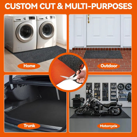 36 By 59 Inch Heavy Duty Oil Spill Mat For Garages With Upgraded Rubber Backing shown in various uses, including home and outdoor.