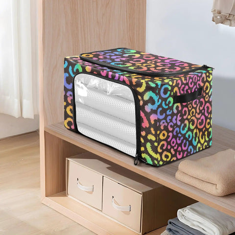 Hella Roomy Foldable Storage Bin With Clear Front Window And Top Front Twin Zippers Built Tough Steel Rod Support Real Sturdy Home Organizer Leopard Print Rainbow Decor on a shelf.