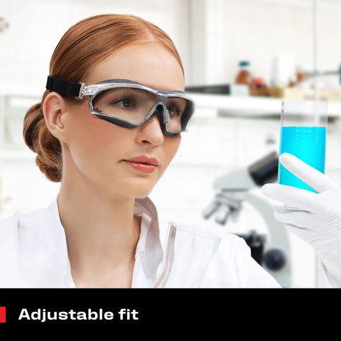 Anti Fog Safety Goggles For Men And Women With Premium Coating, Adjustable Headband, worn by woman in lab.