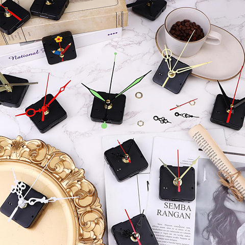 Dope 30Pcs Short Spindle Quartz Clock Movement Kit With Silent Mechanism and hands arranged on table with coffee cup.