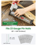 Heavy Duty 23 Gauge Pneumatic Pin Nailer Kit With 10000 Count Pins For Cabinet Woodworking and Trim Jobs, showcasing nail sizes and usage.
