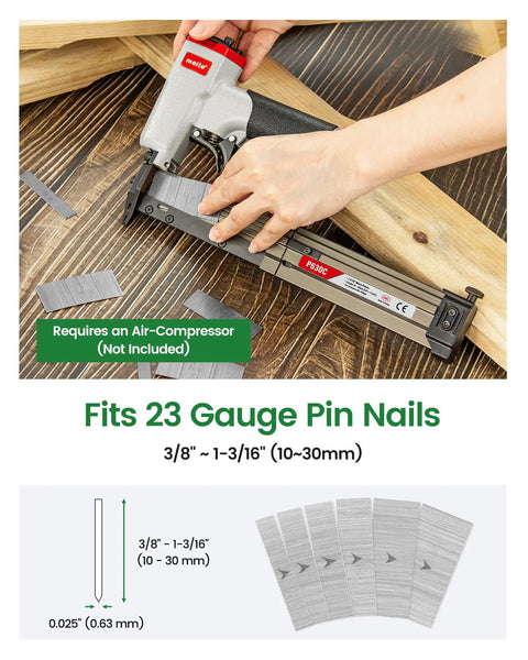 Heavy Duty 23 Gauge Pneumatic Pin Nailer Kit With 10000 Count Pins For Cabinet Woodworking and Trim Jobs, showcasing nail sizes and usage.