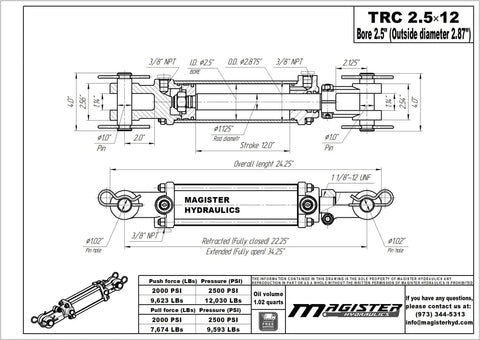 Double Acting Tie-Rod Hydraulic Cylinder for Agriculture 2500 PSI, 2.5 Inch Bore, 12 Inch Stroke, 1.125 Inch Rod, 3/8 Inch NPT Ports, 2.88 Inch Outer Diameter, Agriculture Standard and Heavy Duty Lift technical drawing