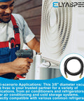 3/8 in vacuum hose, 5 ft, black with 3/8×3/8 fittings; for refrigeration/AC equipment; technician installing outdoor condenser.