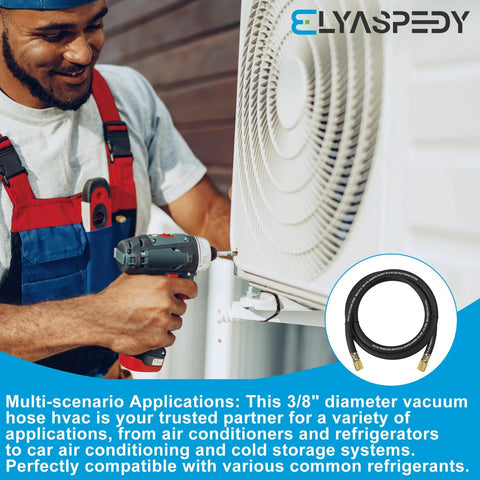 3/8 in vacuum hose, 5 ft, black with 3/8×3/8 fittings; for refrigeration/AC equipment; technician installing outdoor condenser.
